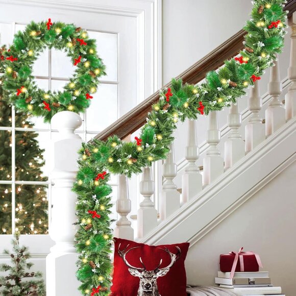 Christmas Garland with Lights, 50 LEDs 9FT Prelit Garland Battery Operated Outdo